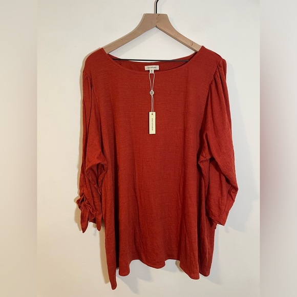 Max Studio Terracotta Textured Boho Blouse W/ Tie 3/4 Sleeve Sz 3X NWT MSRP $88 - Picture 1 of 11